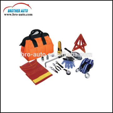 Roadside 15pcs multifunctional car Emergency tool Kit with air compressor tow rope car first aid kit