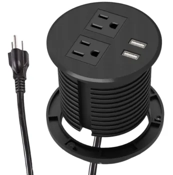 Black Desktop Power Grommet Socket with 2 AC Outlets and 2 USB Ports, 6.5 ft Cord for Home and Office