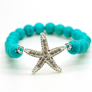 Turquoise 8MM Perles Rondes Stretch Bracelet de pierres précieuses avec pièce d&#39;étoile de mer en alliage Diamante