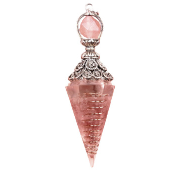 Strawberry Quartz Chip Stone Resin Antique Silver Hexagonal Cone Pendant & Pendulum
