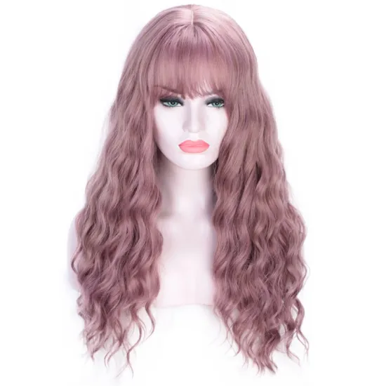 Vigorous Purple Long Natural Water Wave Synthetic Wigs for Women Heat Resistant Fiber Wavy Hair Wig with Bangs Daily Wear