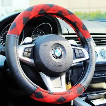 Car steering wheel cover, red and black check