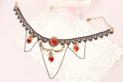 Black Lace Necklet Retro Red Gems Necklace