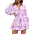 Womens Knot Front V Neck Ruffles Dress