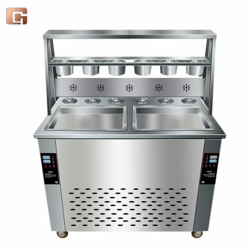Double Pan Thai Pan Ice Cream Machine with 6 Topping Tanks and Dust Cover