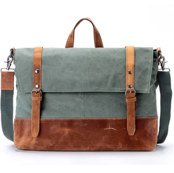 custom high quality waxed canvas messenger bag with leather trim