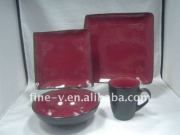 Ceramic 4 pcs dinnerware, square plate, dinner plate, ceramic bowl, coffee and tea cup, all with reactive glaze handle