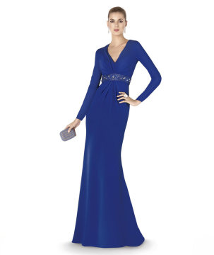 Stunning Beaded V Neck Royal Bule Long Evening Dress Modest Prom Gowns with Sleeves 2015 New Arrival