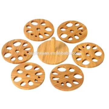 100% Natural Bamboo Coasters Hollow Out Pattern Pack of 6 Handmade Round Bamboo drink Coasters Set with Bamboo Holder