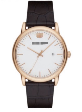 43mm Rose Gold Stainless Steel Men Quartz Watch White Minimal Dial Single Date Window Dark Croc Embossed Leather Strap Business