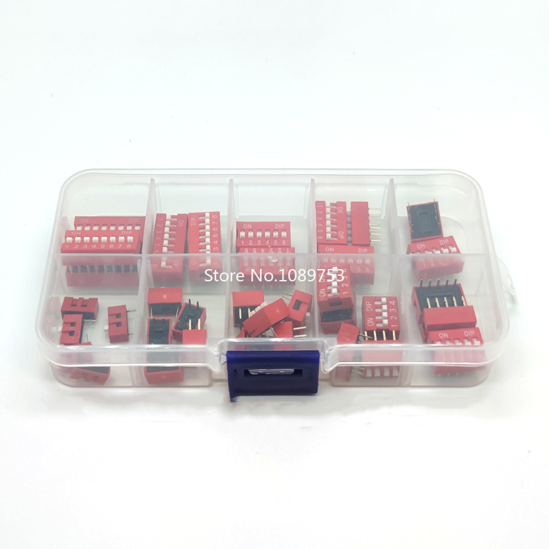 35PCS/LOT Dip Switch Kit 1 2 3 4 5 6 8 Way 2.54mm Toggle Switch Red Snap Switches Mixed Kit Each 5PCS Combination Set In Box