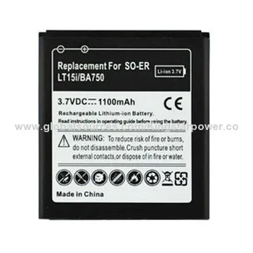 Mobile Phone Battery BA750 for Sony Ericsson LT15i, Li-ion, 3.7V 1100mAh or OEM Capacity