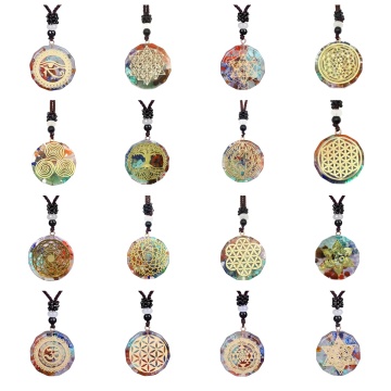 Gold Pattern Resin Polygon 7 Chakra Stone Pendant Necklace Energy Crystal Pendant Necklace With Black Adjustable Cord