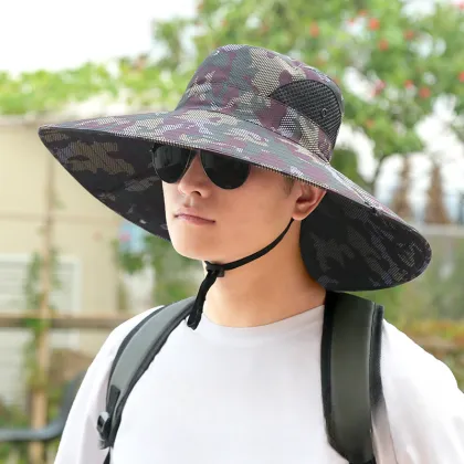H12 Large Brim Anti-UV Fishing Hat for Middle-aged and Elderly - Camouflage Mountaineering Sunshade Bucket Hat