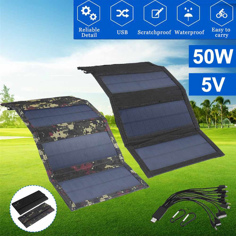 Sun power 50W 5V Foldable Solar Panel Solar Cells Folding Pack 10in1 USB Cable Portable Solar Battery Charger for Phone Camping