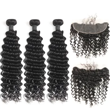 Peruvian Deep Curly Ear to Ear Frontal 100% Human Hair Bundles Weft Weave with Closure Sew In Hair Hair Fronal Extensions