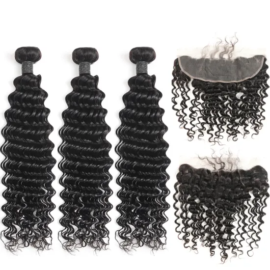 Peruvian Deep Curly Ear to Ear Frontal 100% Human Hair Bundles Weft Weave with Closure Sew In Hair Hair Fronal Extensions