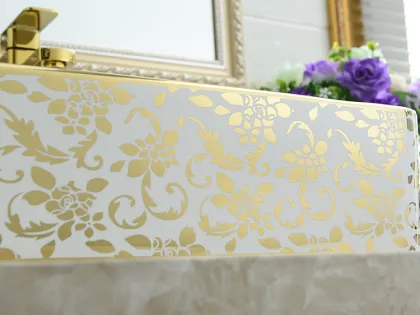 Elegance Flower Design Golden Ceramic Bathroom Sink Bowl