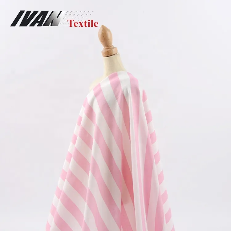 ถักรงควัตถุลายแถบสีขาวสีชมพูเจอร์ซีย์ถักผ้าโพลีเอสเตอร์วิสโคส