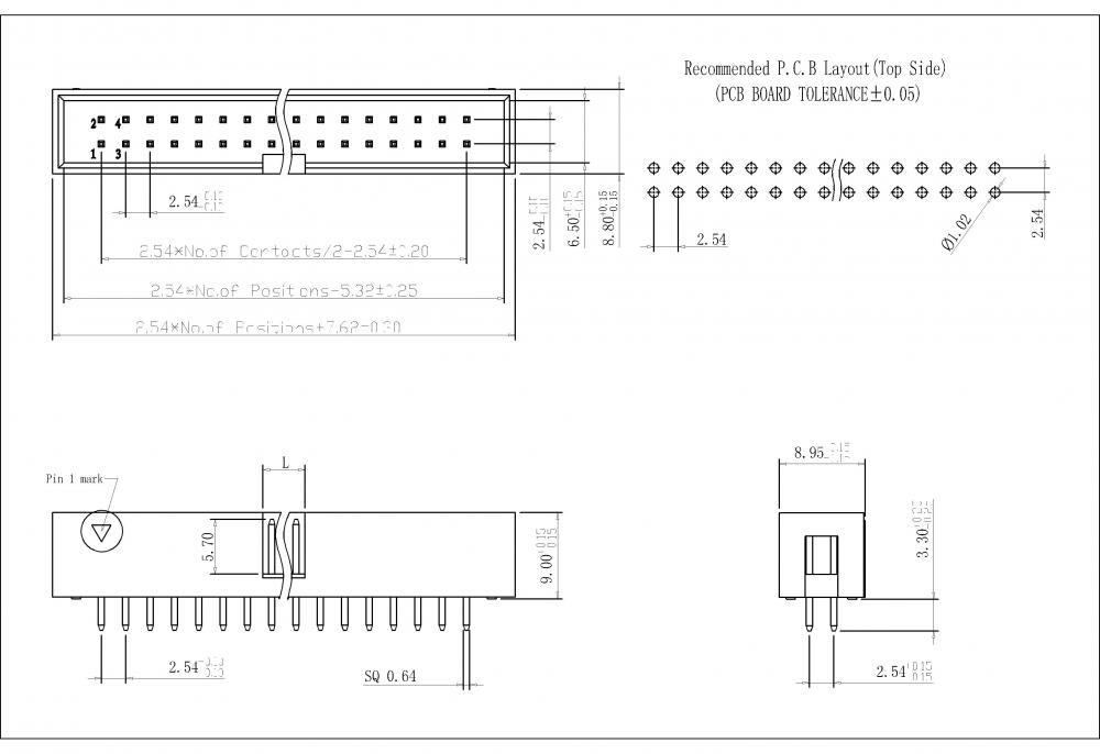 2,54x2,54 mm Dual RowsHroded männlicher Box -Header Tht 180 ° Typ H = 9,0