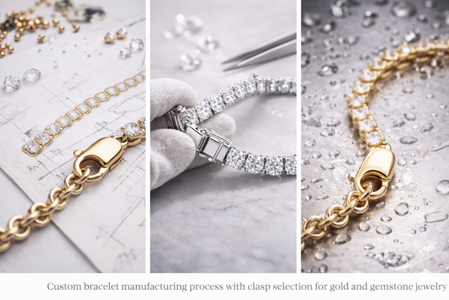 Proses pembuatan gelang tersuai dengan pemilihan kancing untuk perhiasan emas dan batu permata