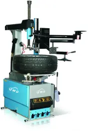 Automatic tilting post tire changer with help arm