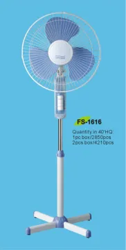 blue and white cross base stand fan
