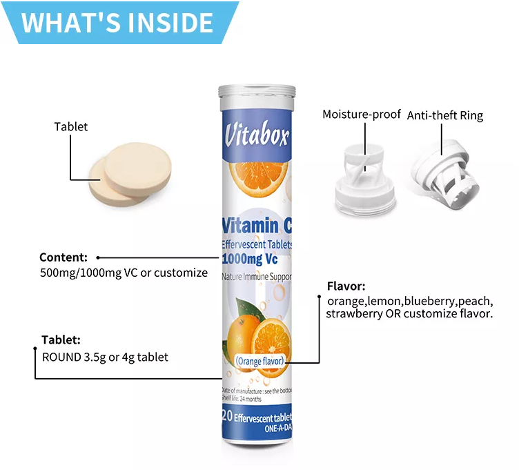 2022 Proveedor de fábrica Antioxidante Piel de blanqueamiento Inmune Soporte Inmune Vitamina C Tabletas efervescentes Suplemento de refuerzo de inmunidad