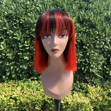 Glueless Peruvian Hair Ombre Color 1b Red Bob Wigs None Lace Pixie Cut Short Bob Curly Wigs Virgin Human Hair Bob Wig with Bangs