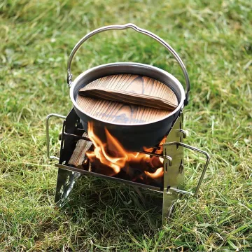 Portable Stainless Steel Burning Fire Pot Camping Cookware with Pan Hanging Handle