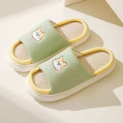 Spring and Autumn New Linen Slippers with Dog Embroidery - Thick Sole Non-Slip Indoor/Outdoor Adult Slippers