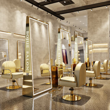Double-Sided Gold LED Floor Mirror for Barber Shops and Salons