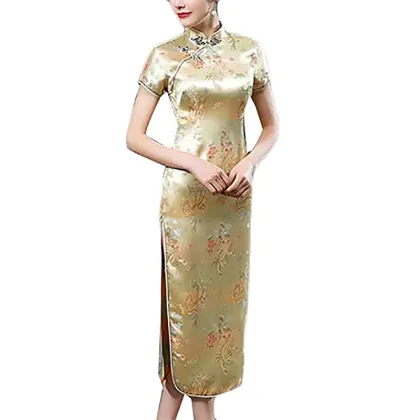 Chinese Traditional Style Women's Silk Pattern Midi Length Printed Dragon and Phoenix Cheongsam Dress