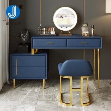Blue 4 Drawer Vanity Table with Mirror and Chair Design