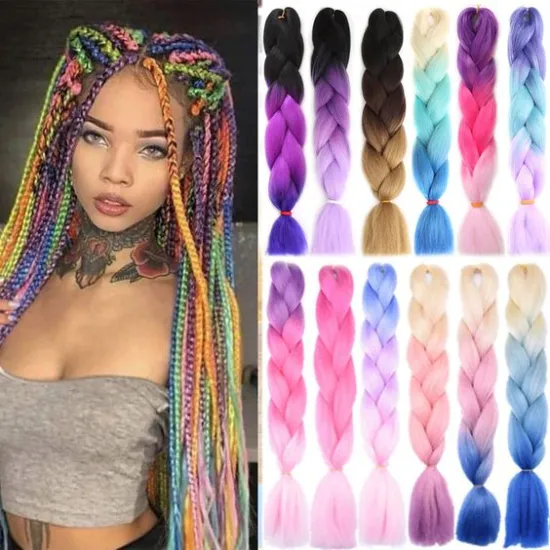 MYZYR Hair 1pc 24" 100G/PC Ombre Jumbo Braids Crochet Hair Synthetic Braiding Hair Extension Yaki Bulk Red Green Rasta Colo
