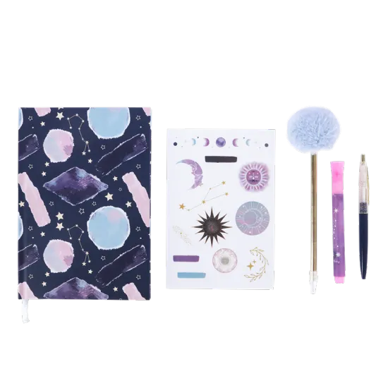 Starry Sky Design Customized Notebook Ball Pen Highlighter Gift Set with PVC Zipper Bag for Kids