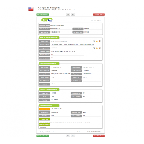 US Import B/L data for power supply