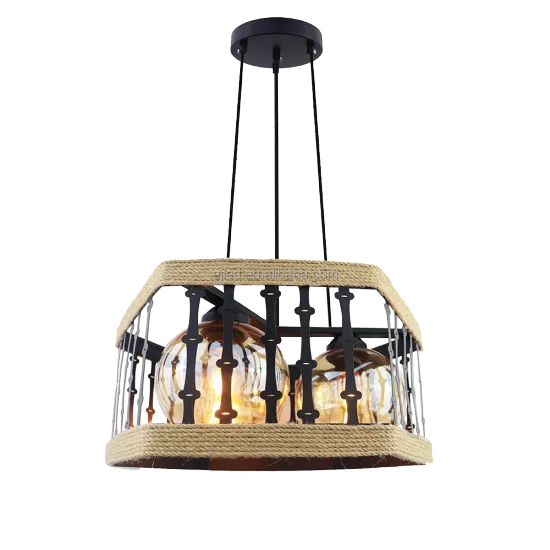 Vintage Retro Ball Hemp Rope Pendant Light with Metal Wire Cage and E26/E27 Socket - RP0352