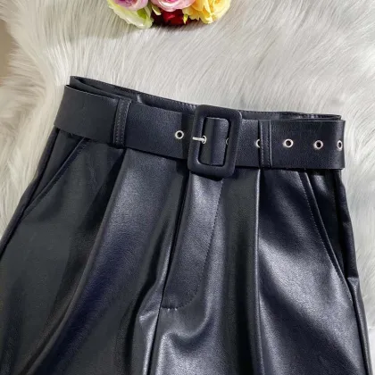 2021 New Pu Leather Shorts Women Summer Shorts All-Match Sashes Wide Leg Short Ladies Sexy Leather Shorts
