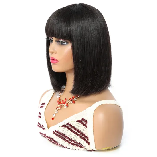 Short Bob Wigs with Bangs Human Hair for black women Brazilian Virgin Wigs Glueless None Lace Machine Made 100% 10inch BOB
