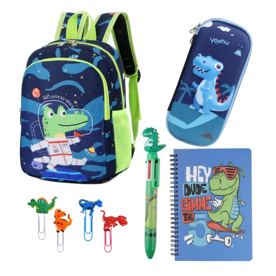 Boys' Dinosaur Printed Design School Bag and Back to School Stationery Set