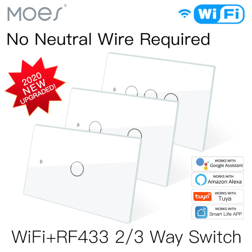 NEW WiFi Smart Light Switch RF433 No Neutral Wire Single Fire Smart Life Tuya App Control Works with Alexa Google Home 110V 220V