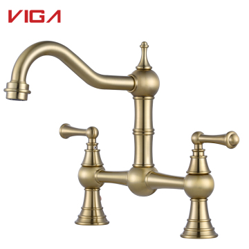 Brush Gold 8-inch Center Classic Heritage Two Handle Bridge Kitchen Faucet