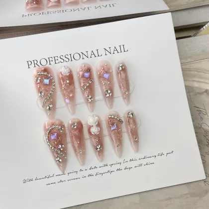 Rhinestone Flower Long False Nails - Press on Manicure Wear
