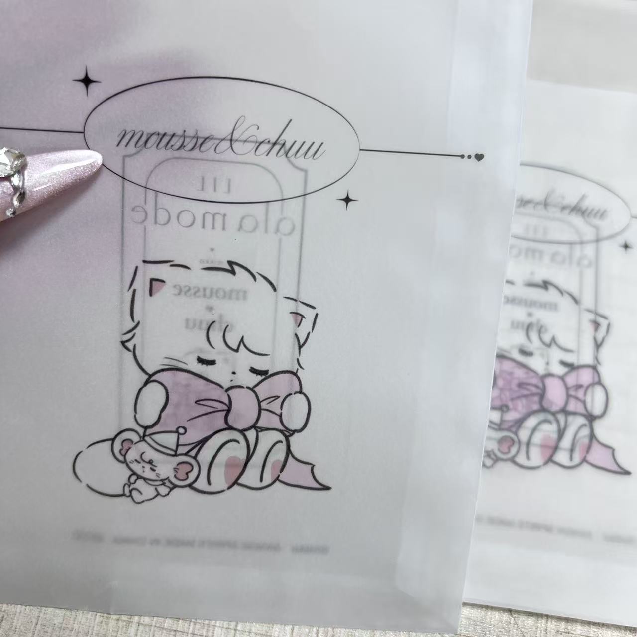 Water‑resistant translucent tracing paper storage bags with cartoon kittens, gift bags