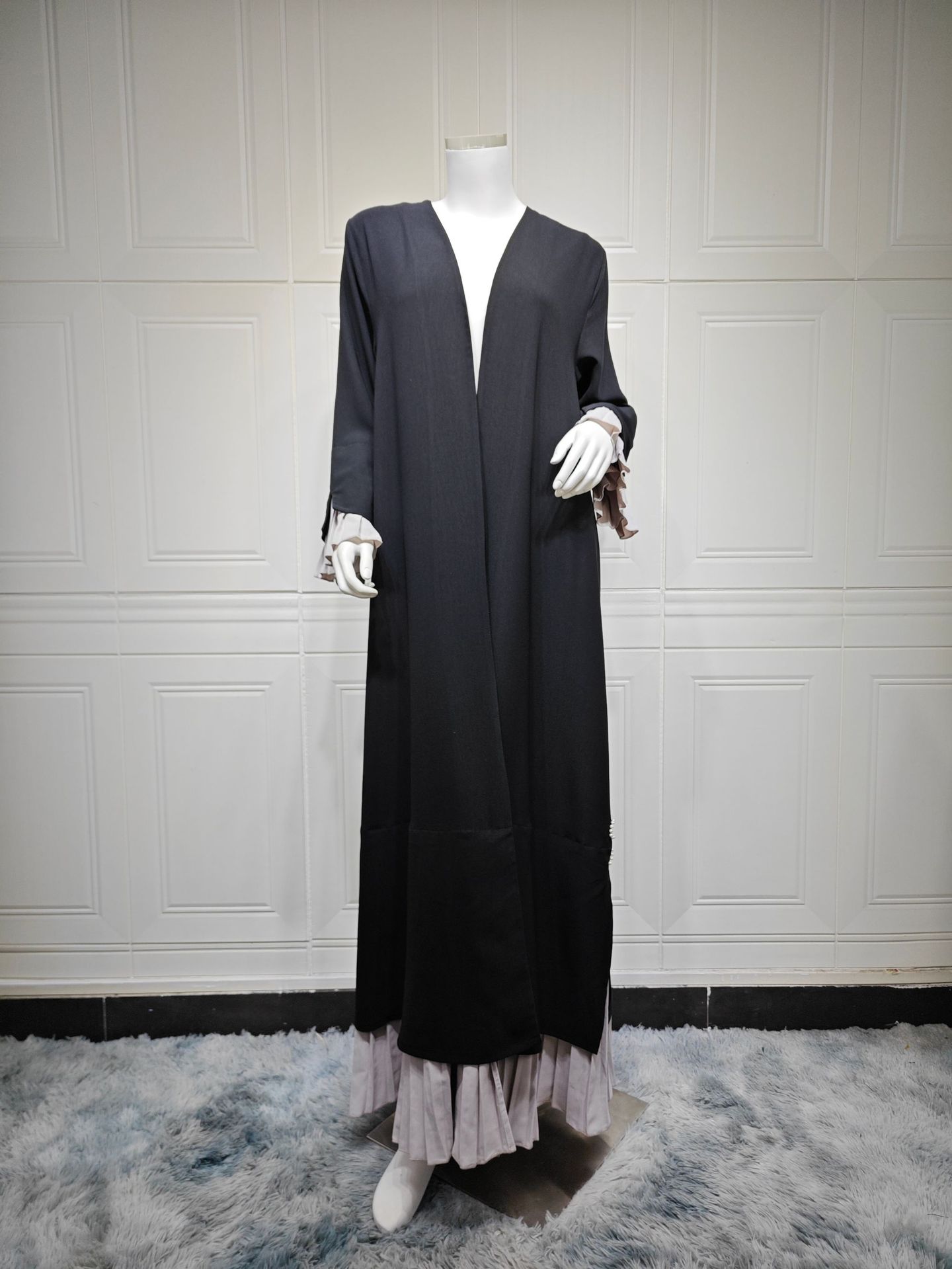 Elegant Cardigan Black Abaya with Pleated Hem MQ249 (1)