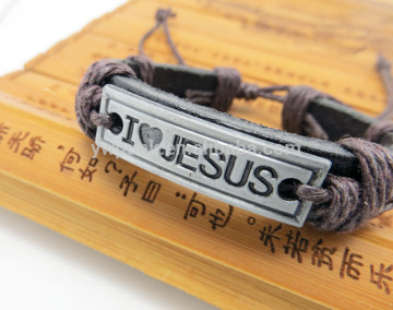 adjustable pink heart JESUS faith bracelet jewelry real cow leather