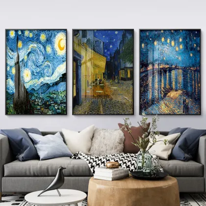 Starry Night Sunflower Triptych - Van Gogh Inspired Living Room Wall Art