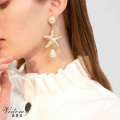 Golden Starfish Imitation Pearl Pendant Earrings