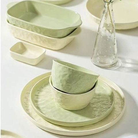 Elegant Asian-Inspired Dinnerware Set with Textured Green Finish